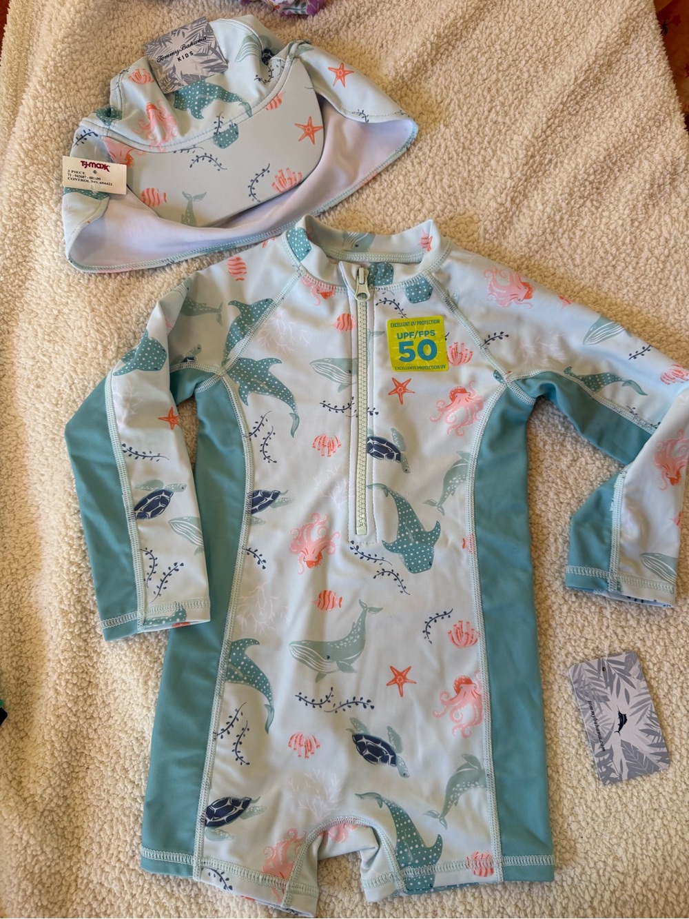 Children's UPF 50+ Rash Guard Swim Suit and Hat - Light Aqua Whale Print